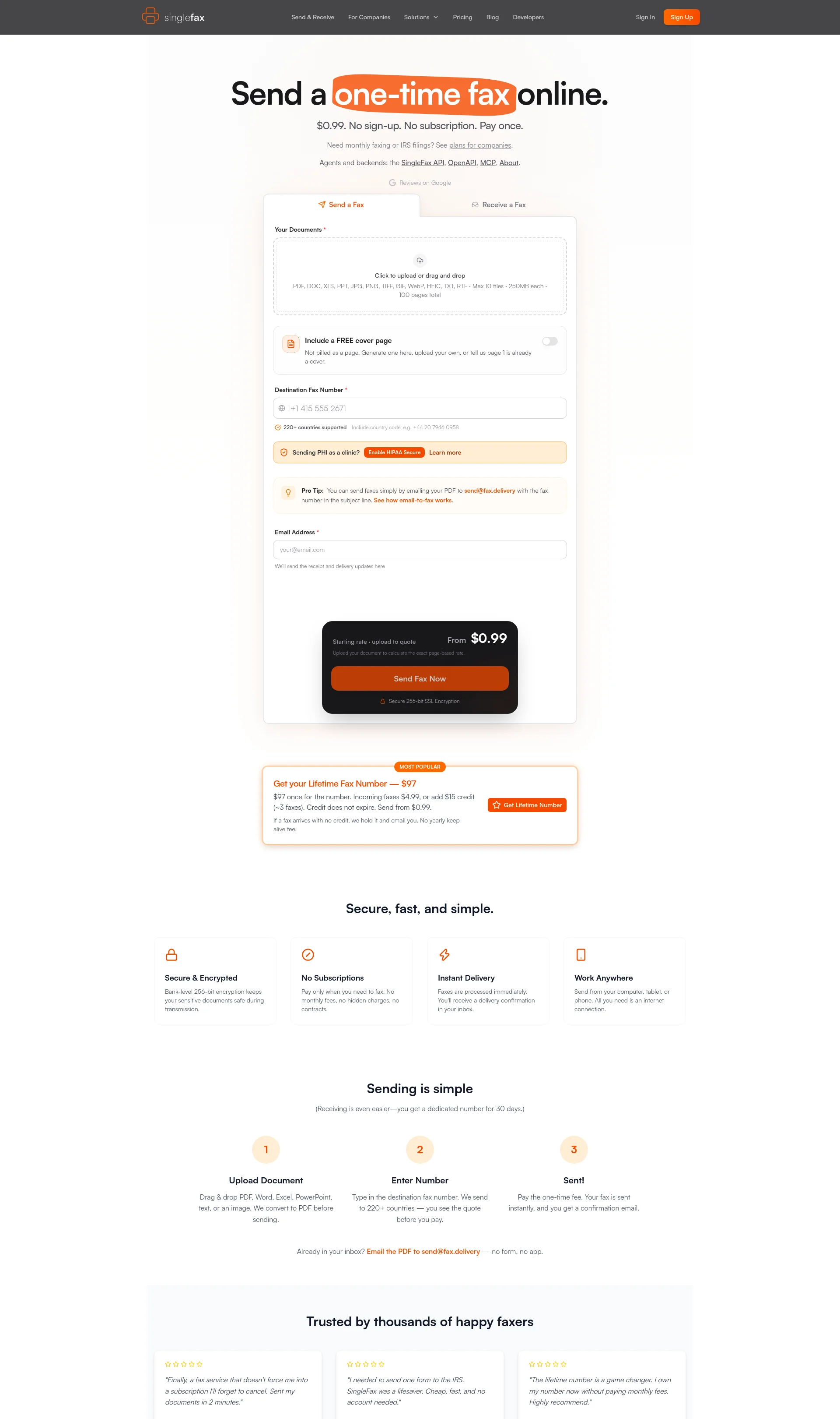Send a one-time fax online for $0.99, no subscription required