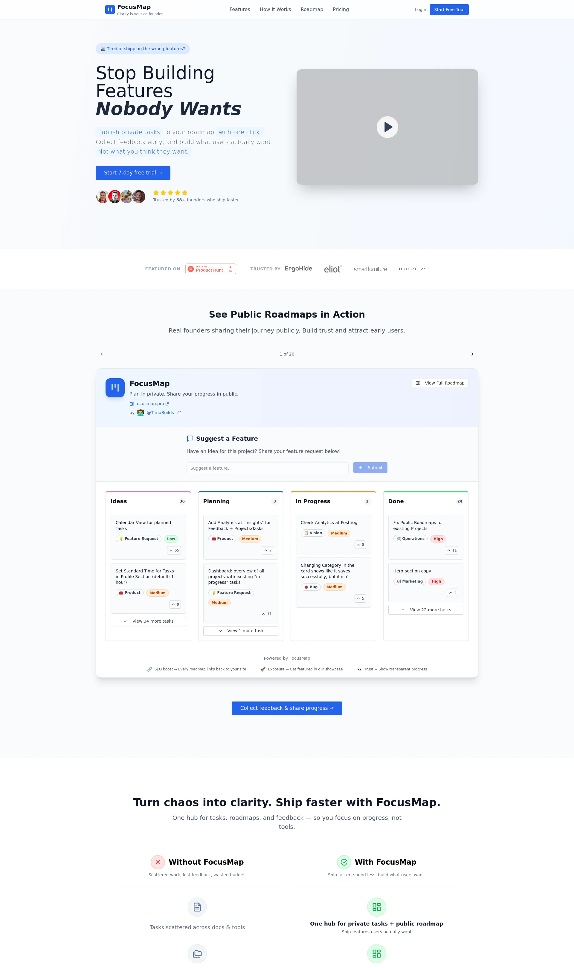 Stop building features nobody wants with FocusMap, a project management tool for solo founders