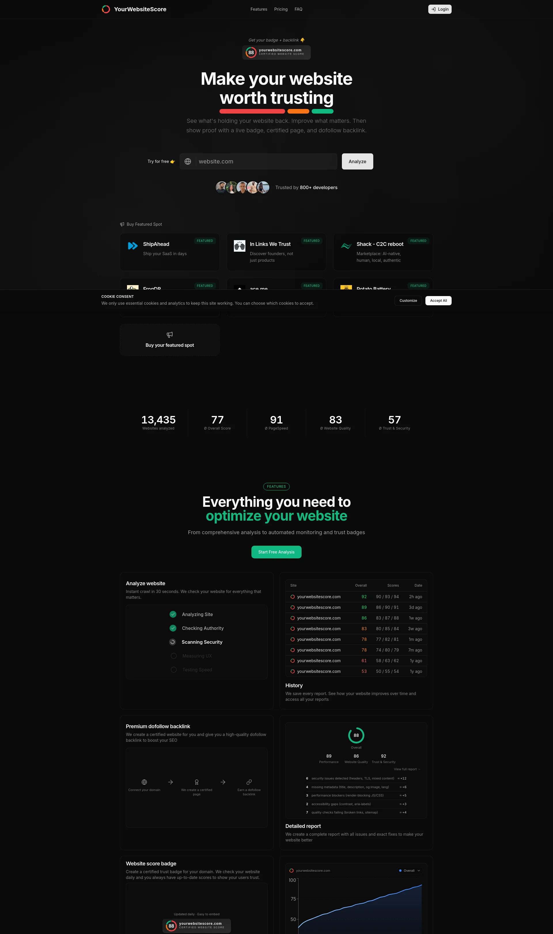 Analyze your website, highlight what to fix, and get a live badge, certified page, and dofollow backlink to prove trust