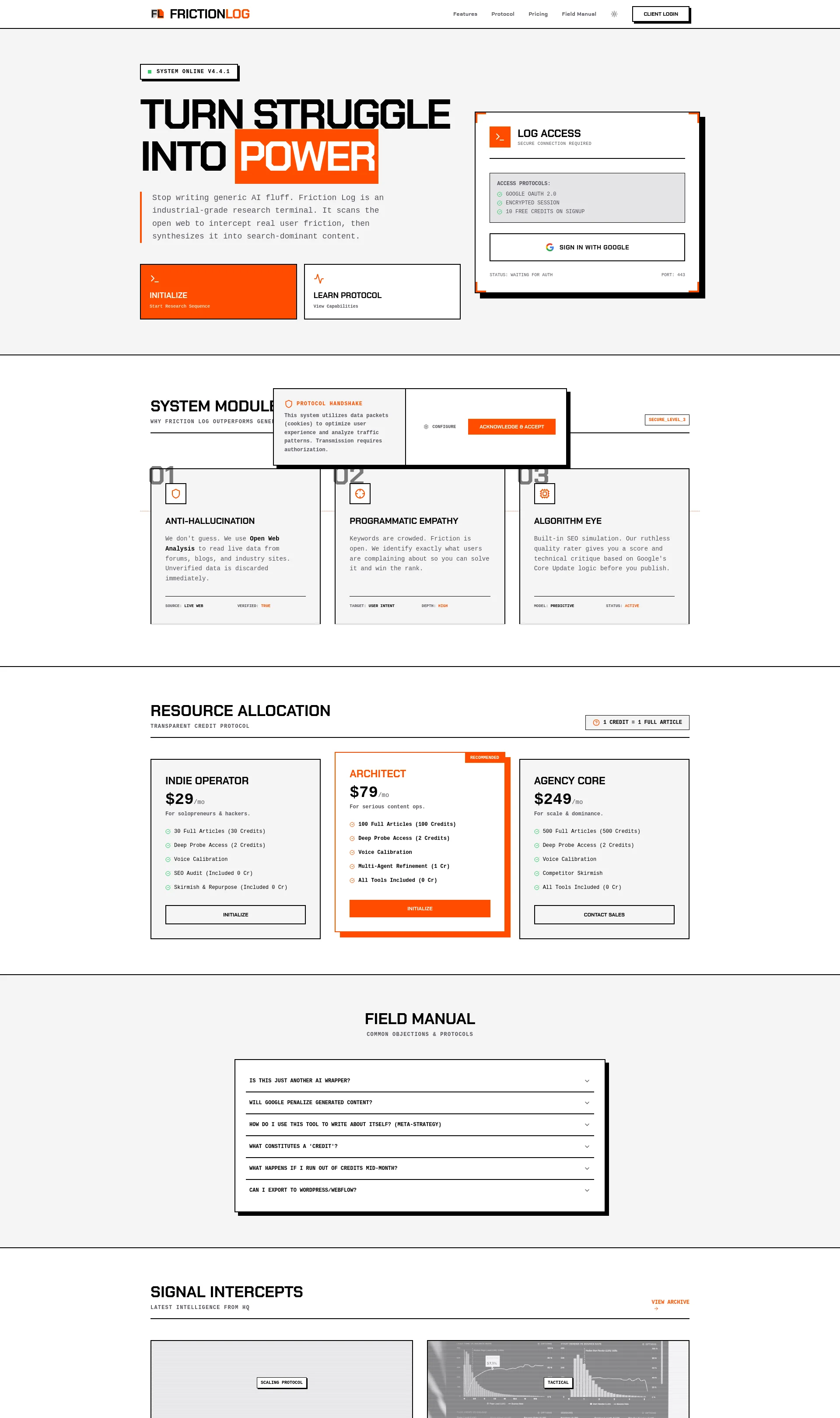 Stop writing generic AI fluff, Friction Log is an industrial-grade research terminal for search-dominant content