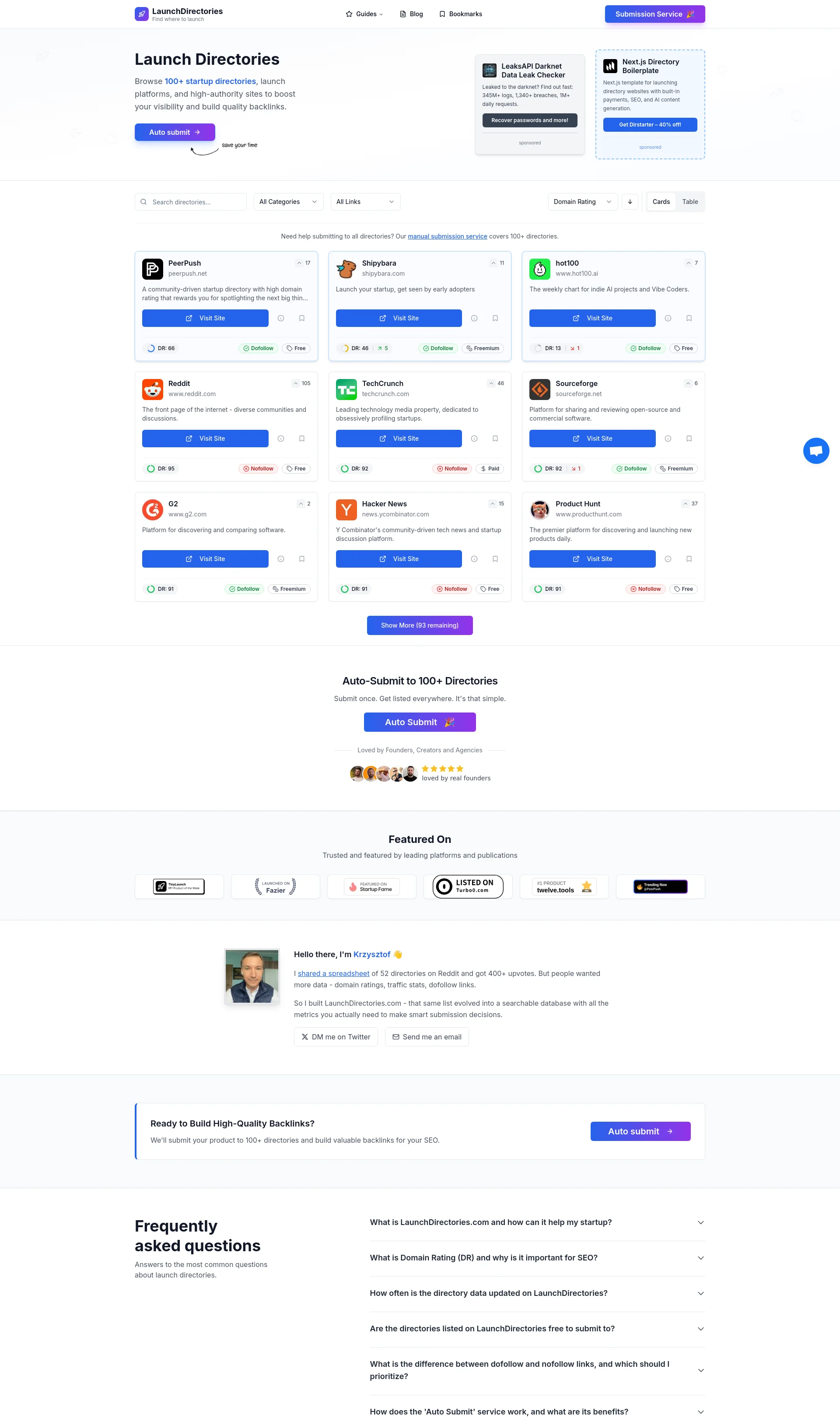 Curated database of 100+ startup launch directories with verified DR ratings, traffic data, and link types to boost your startup's visibility.