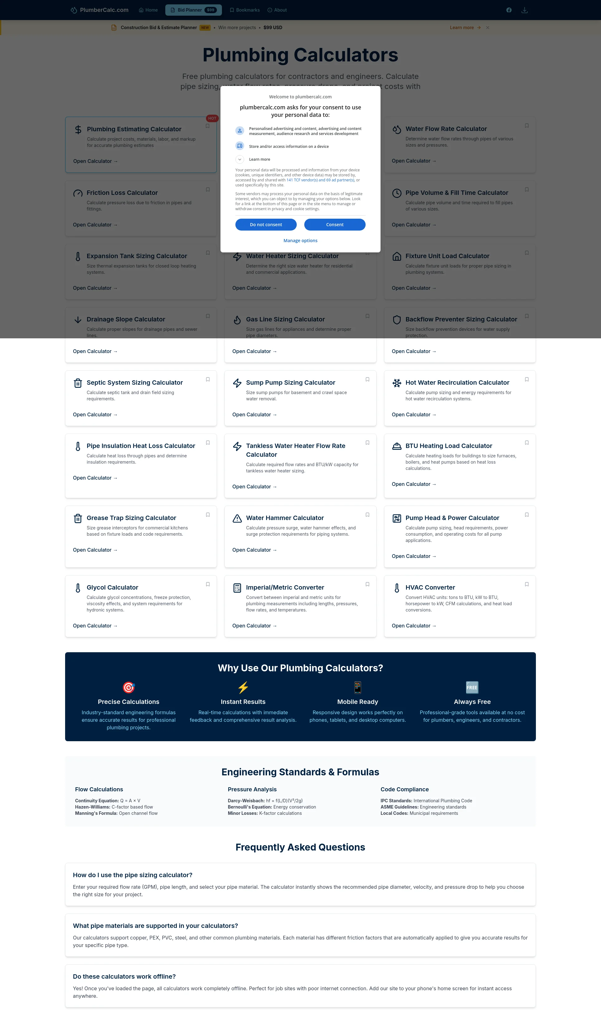 Free Engineering Tools for plumbing calculations