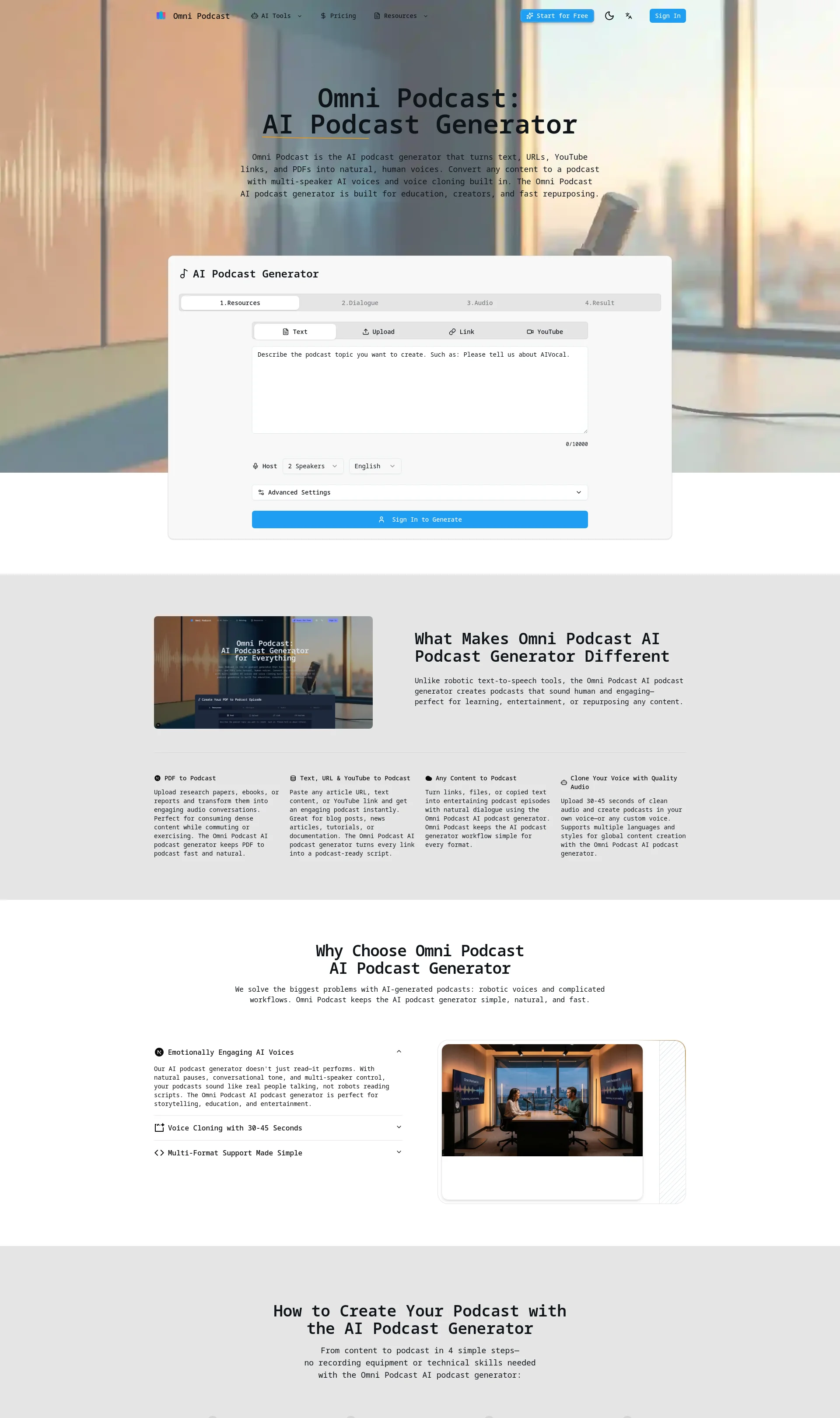 AI Podcast Generator for Text, URLs & PDFs