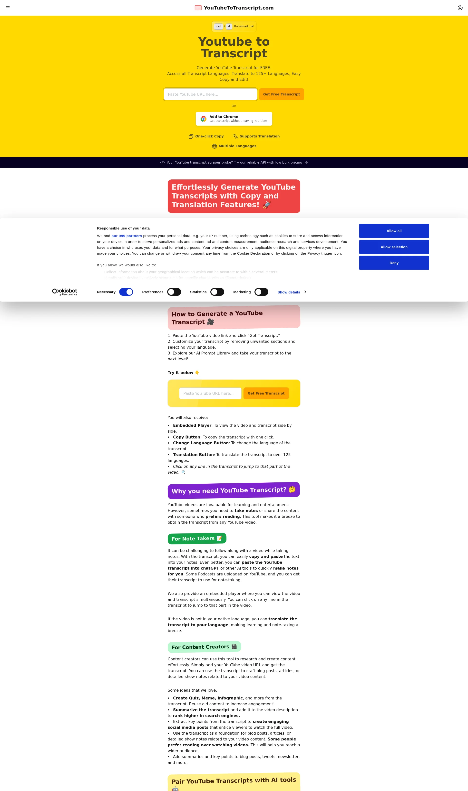 Generate YouTube Transcript for FREE and access all transcript languages, translate to 125+ languages, with easy copy and edit features