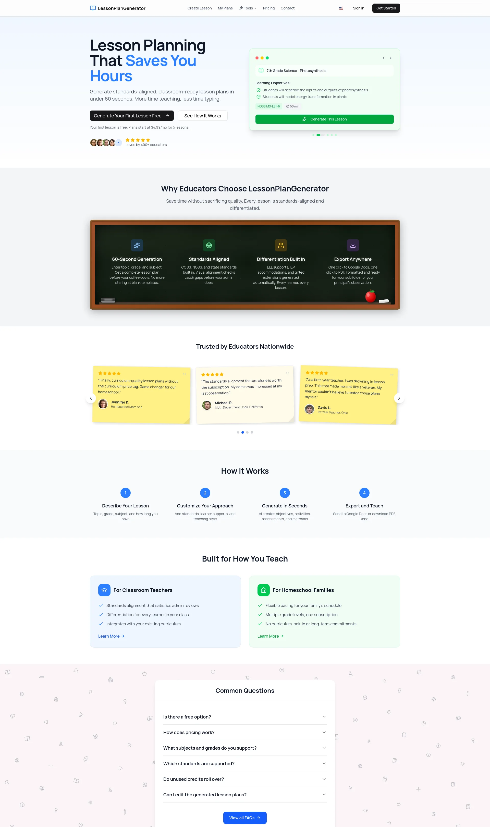 Generate standards-aligned, classroom-ready lesson plans in under 60 seconds
