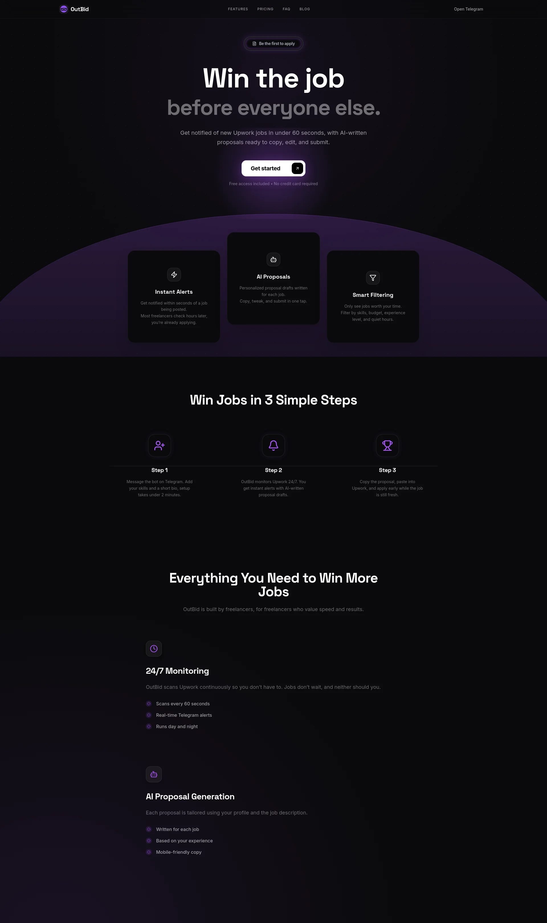 Get notified of new Upwork jobs in under 60 seconds, with AI-written proposals ready to copy, edit, and submit