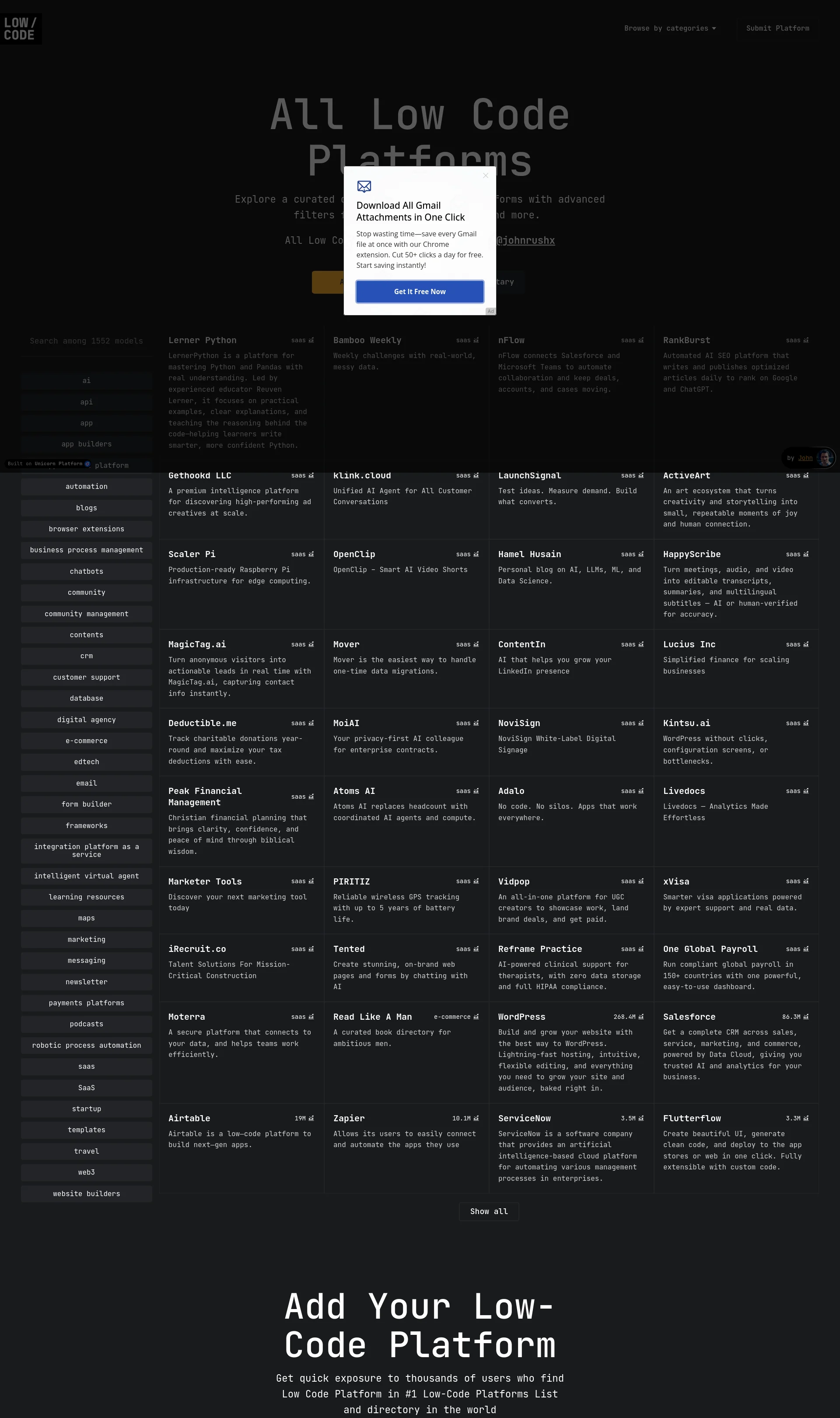 A curated directory of low code platforms with advanced filters for AI, automation, CRM, and more