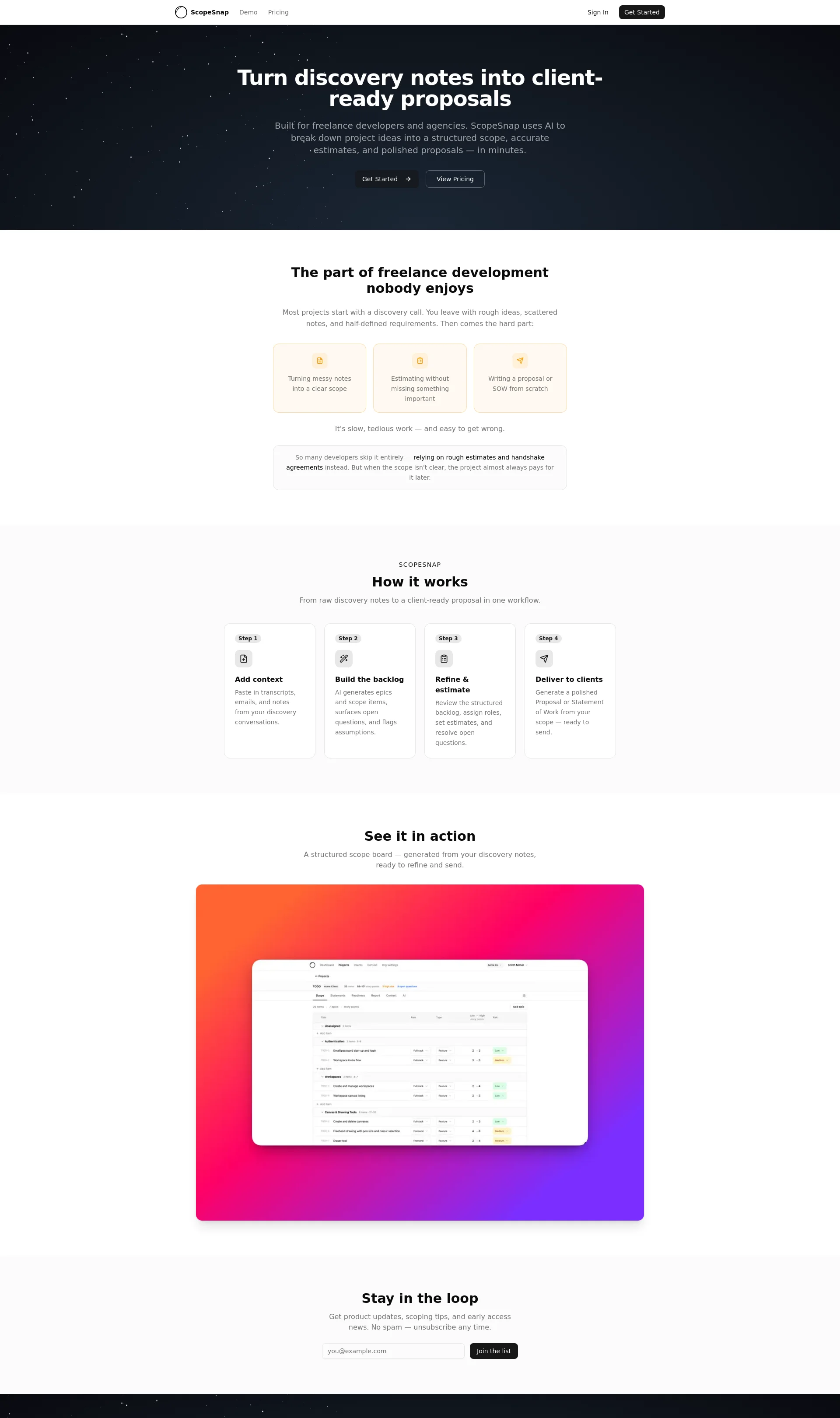 Turn discovery notes into client-ready proposals with AI-powered scoping and estimation