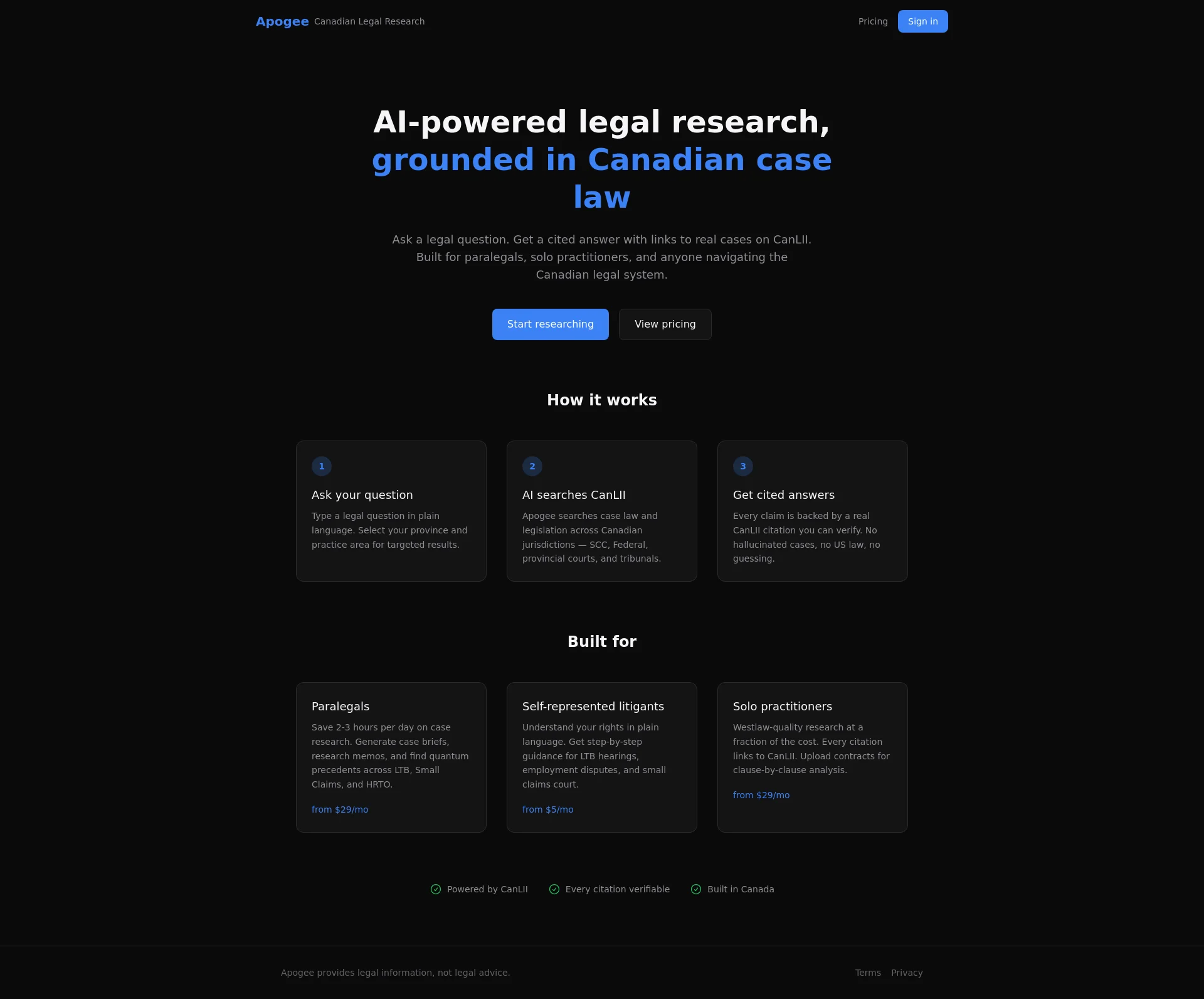 AI-powered Canadian legal research with cited answers and links to real cases