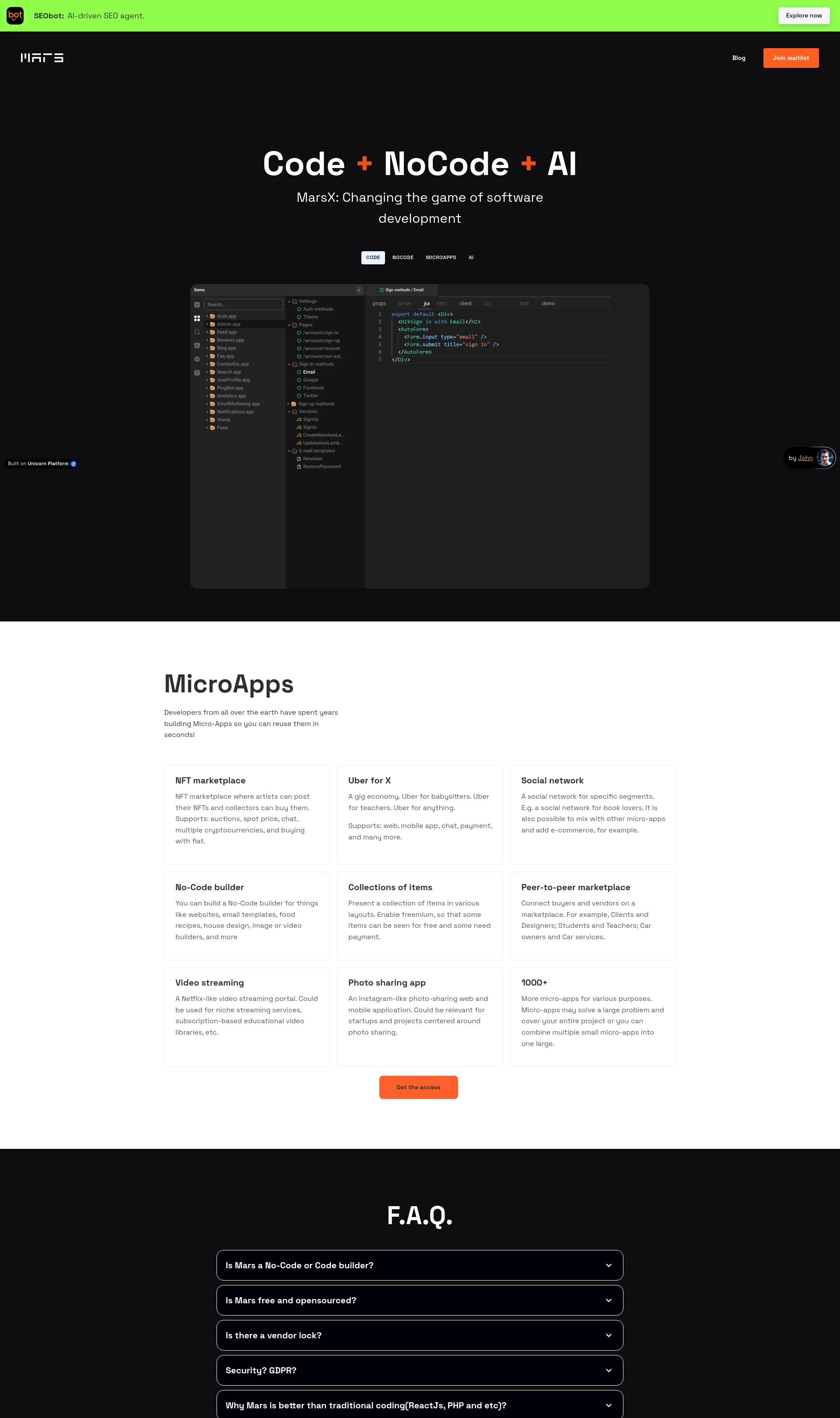 MarsX is a dev tool that unites AI, NoCode, Code and MicroApps