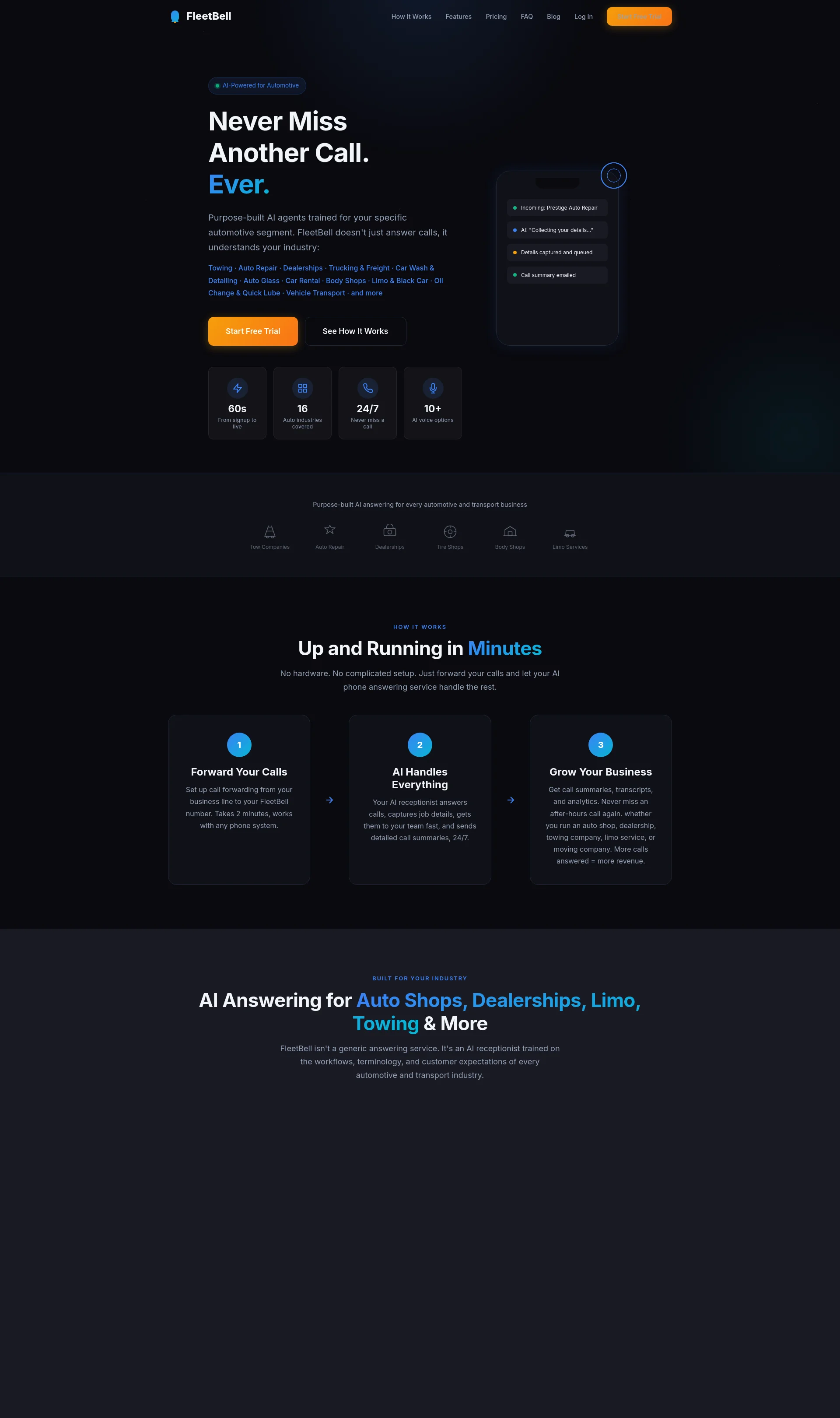 AI Answering Service for Auto Shops, Towing, Dealerships, Trucking, Car Wash & More