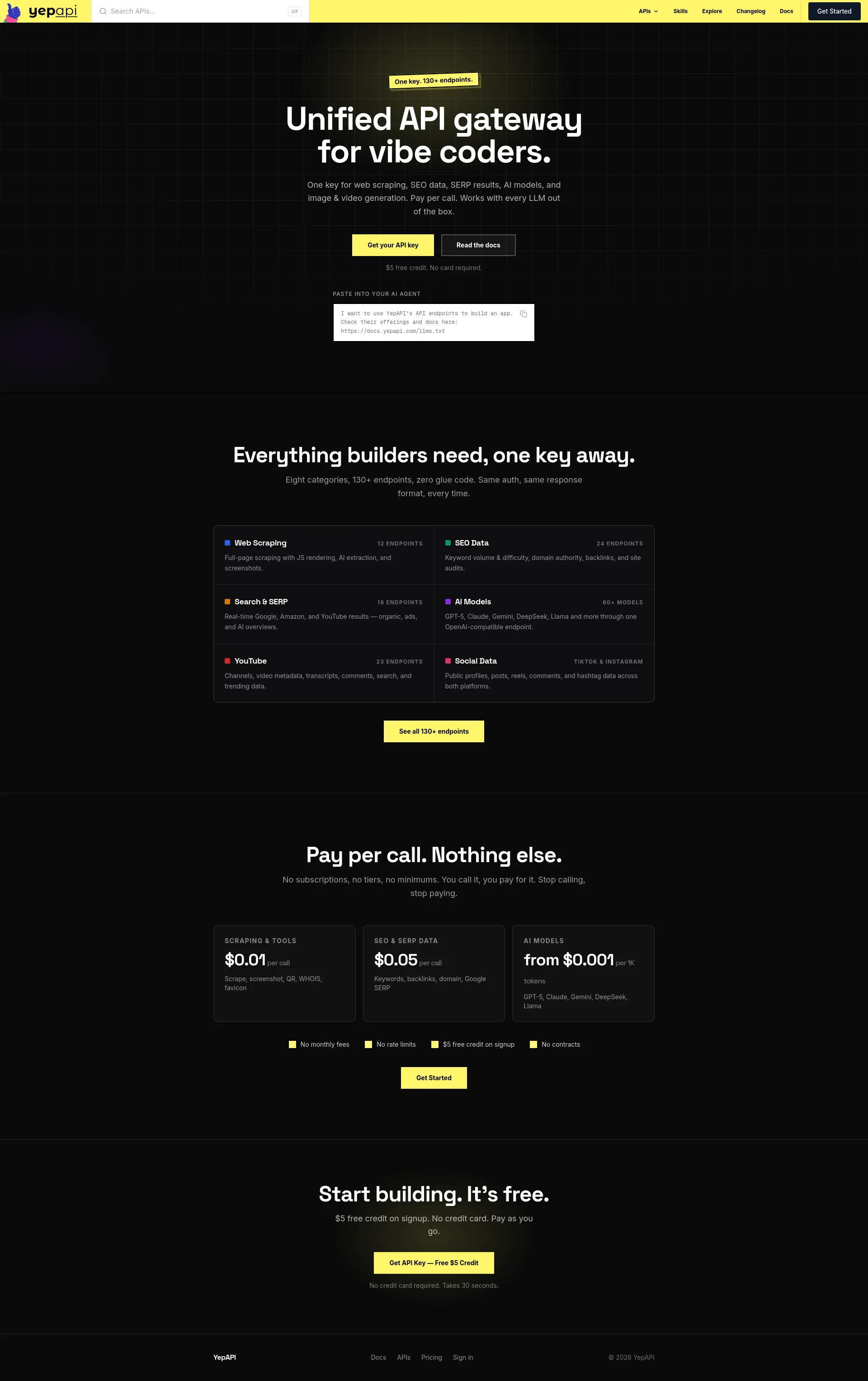 Web Scraping, SEO, SERP & AI APIs | One Key, Pay Per Call