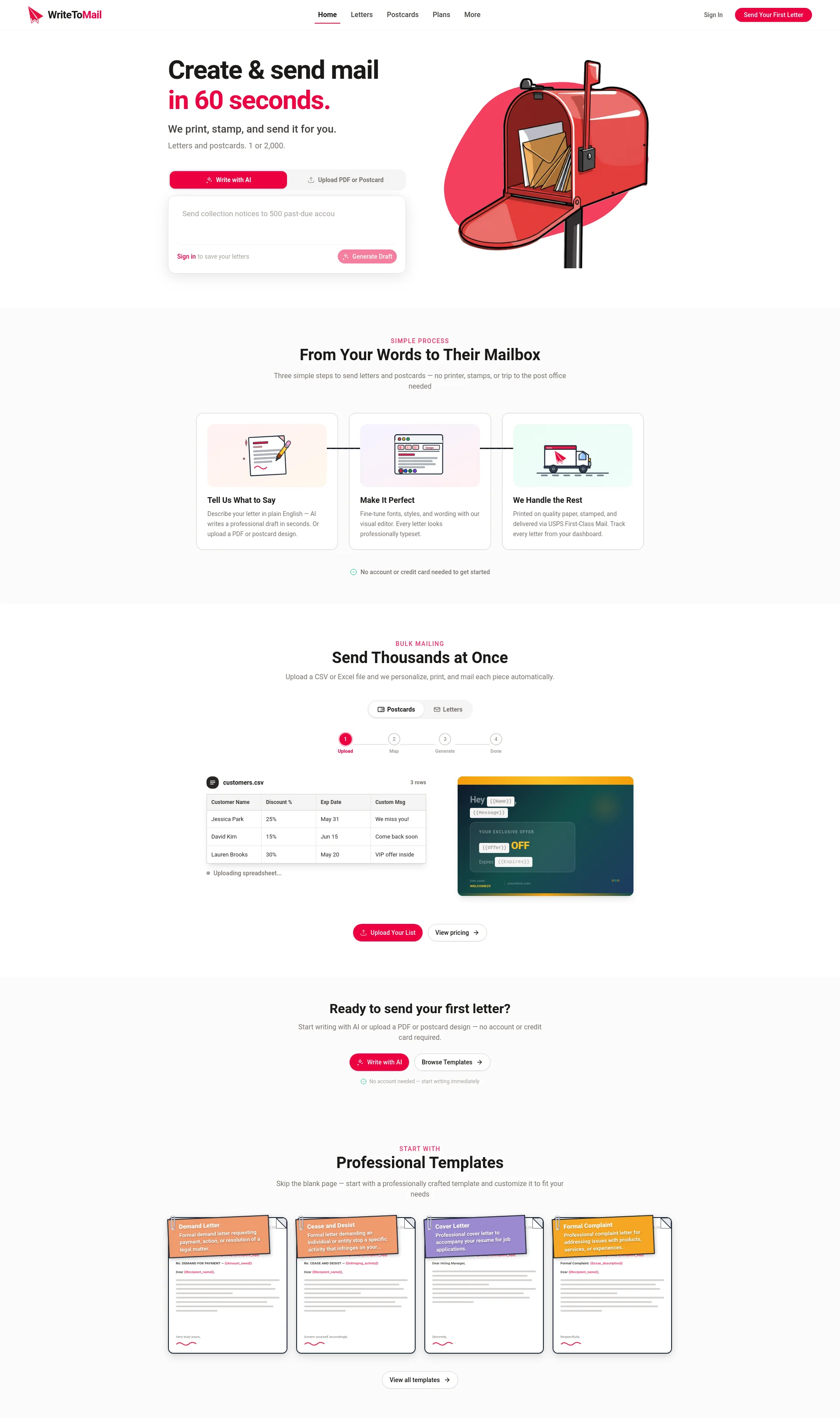 Send letters, postcards, and checks online with WriteToMail