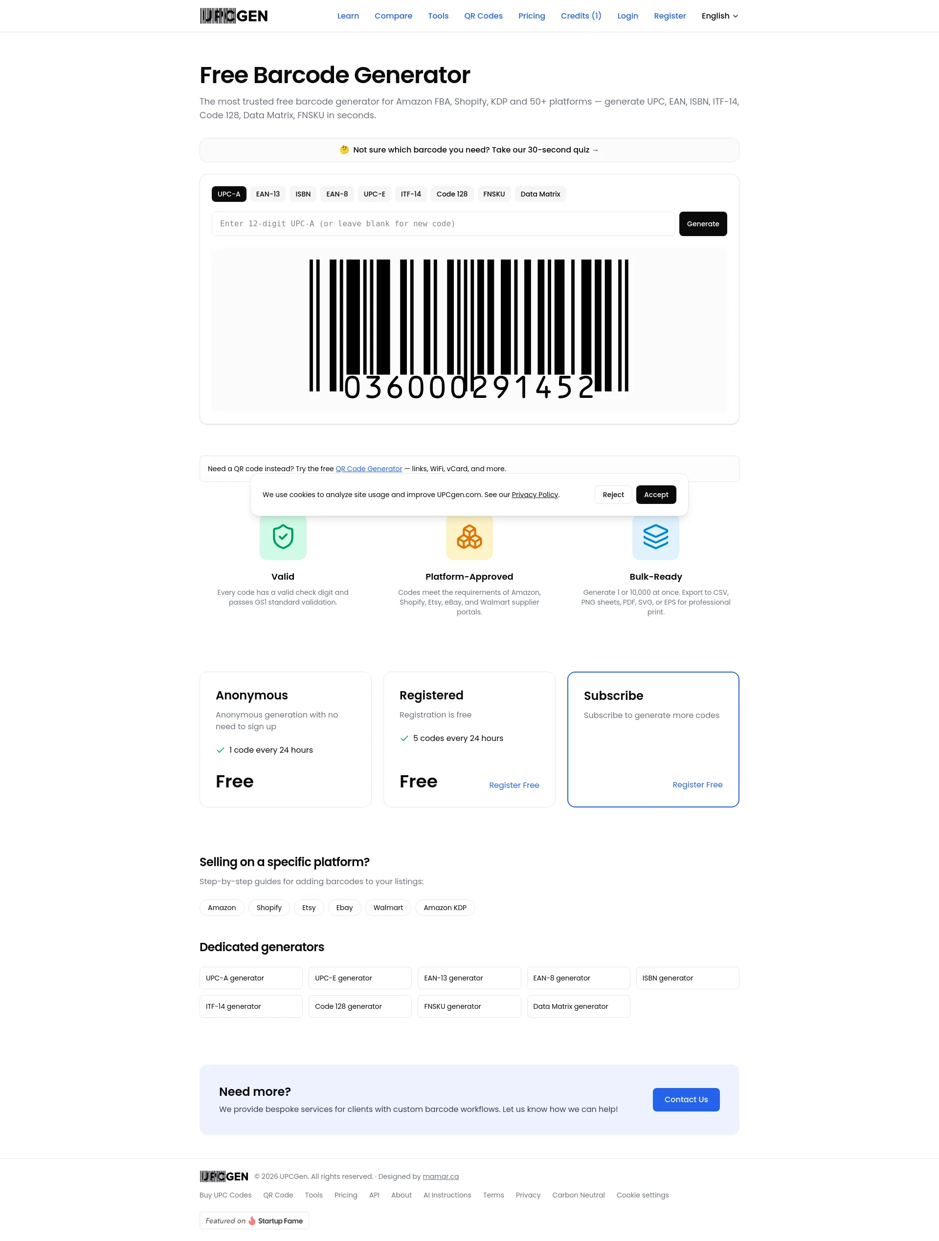 Generate UPC, EAN, ISBN, and GTIN barcodes online for free