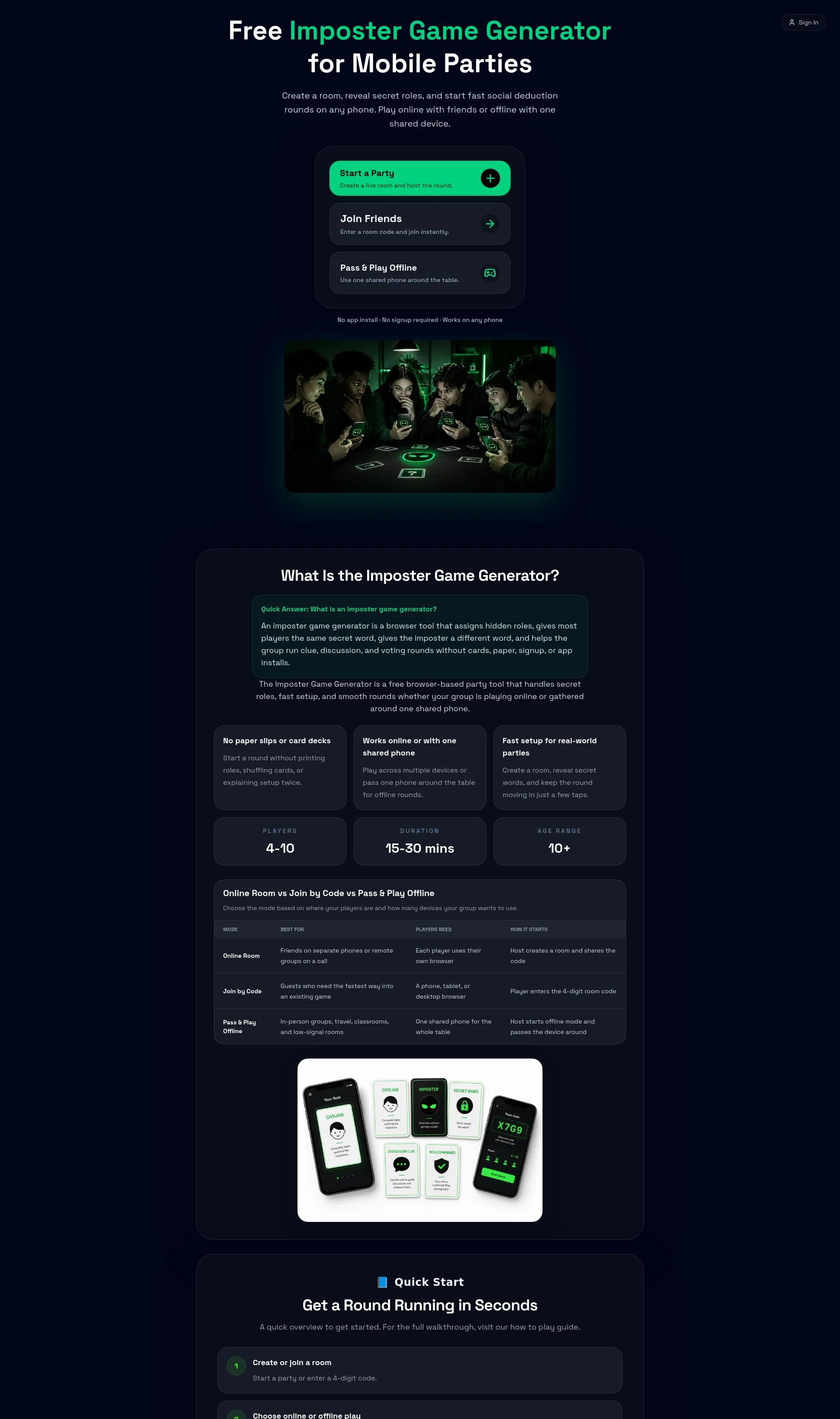 Free browser-based social deduction party game to find the imposter using phones with zero app installs required