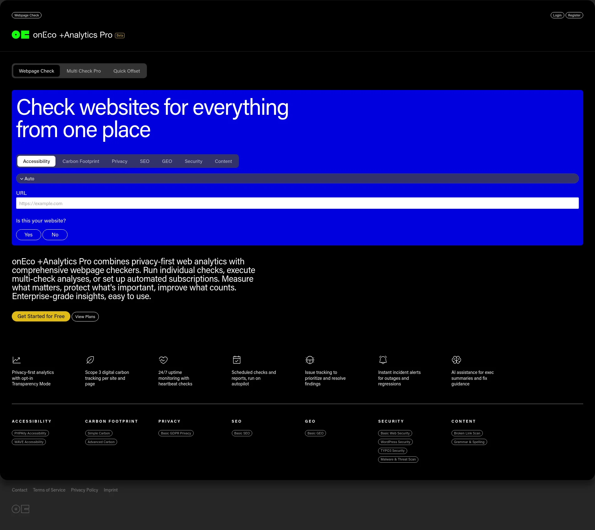Privacy-first web analytics with comprehensive webpage checkers