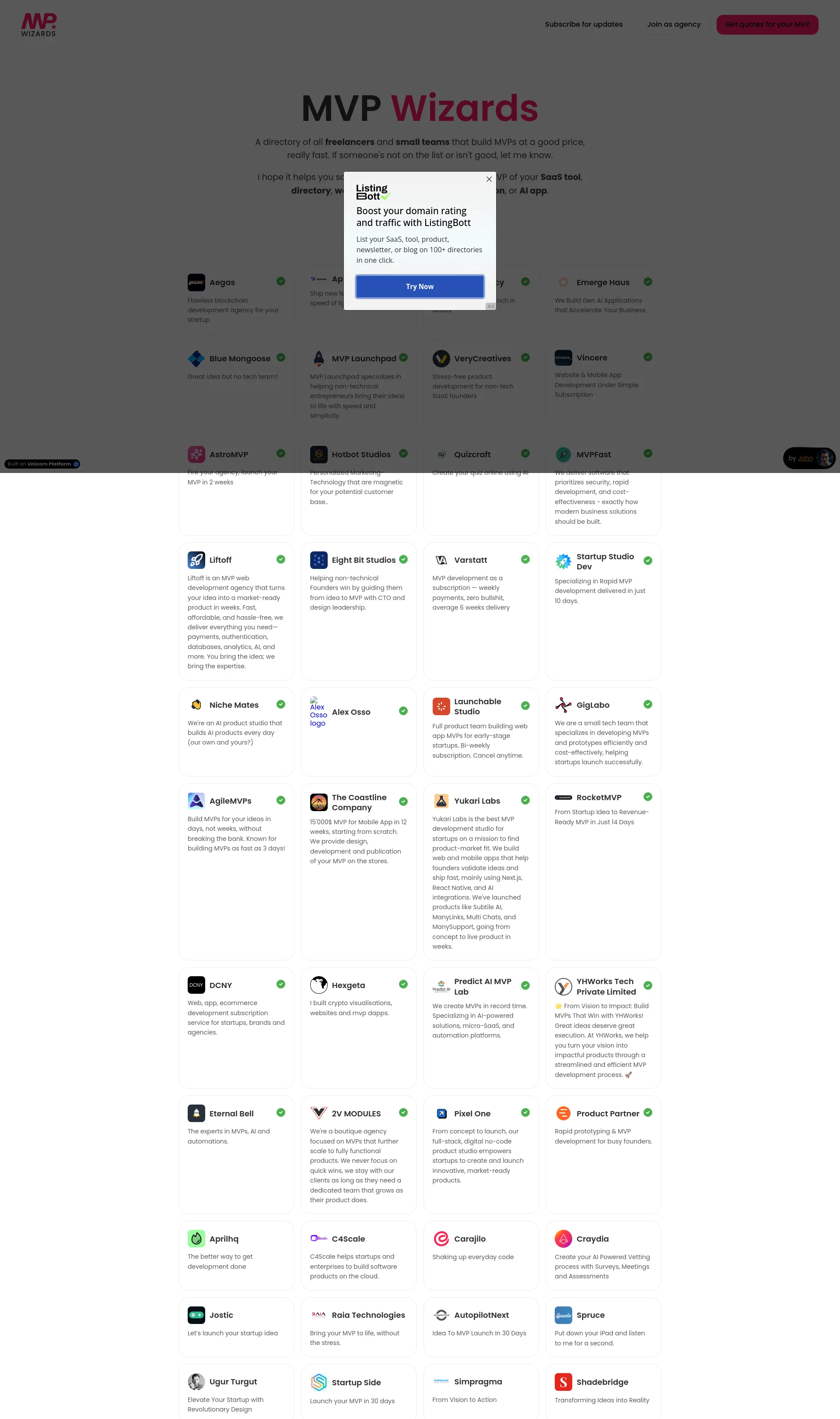 A directory of freelancers and small teams that build MVPs at a good price, really fast