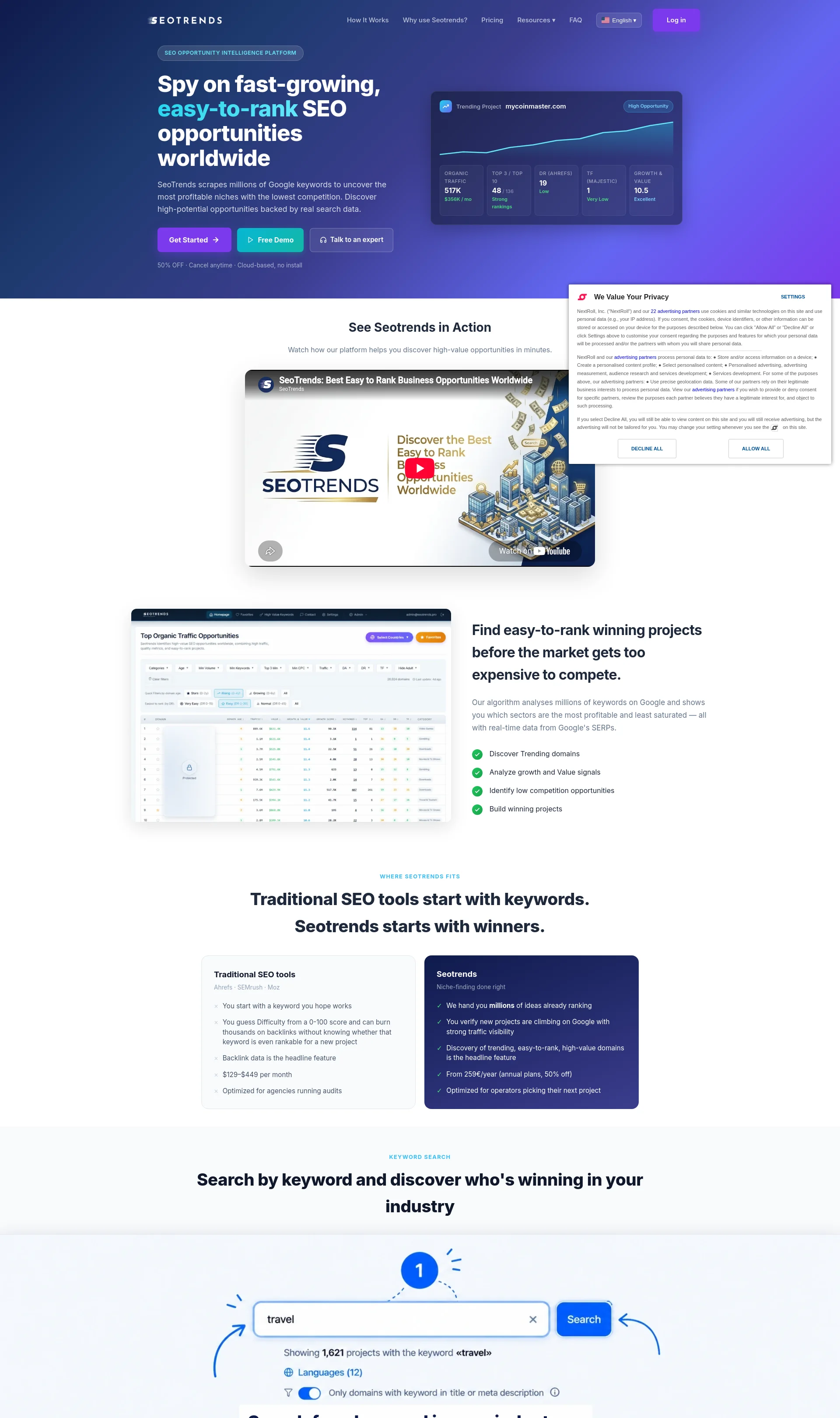 Spy on fast-growing, easy-to-rank SEO opportunities worldwide