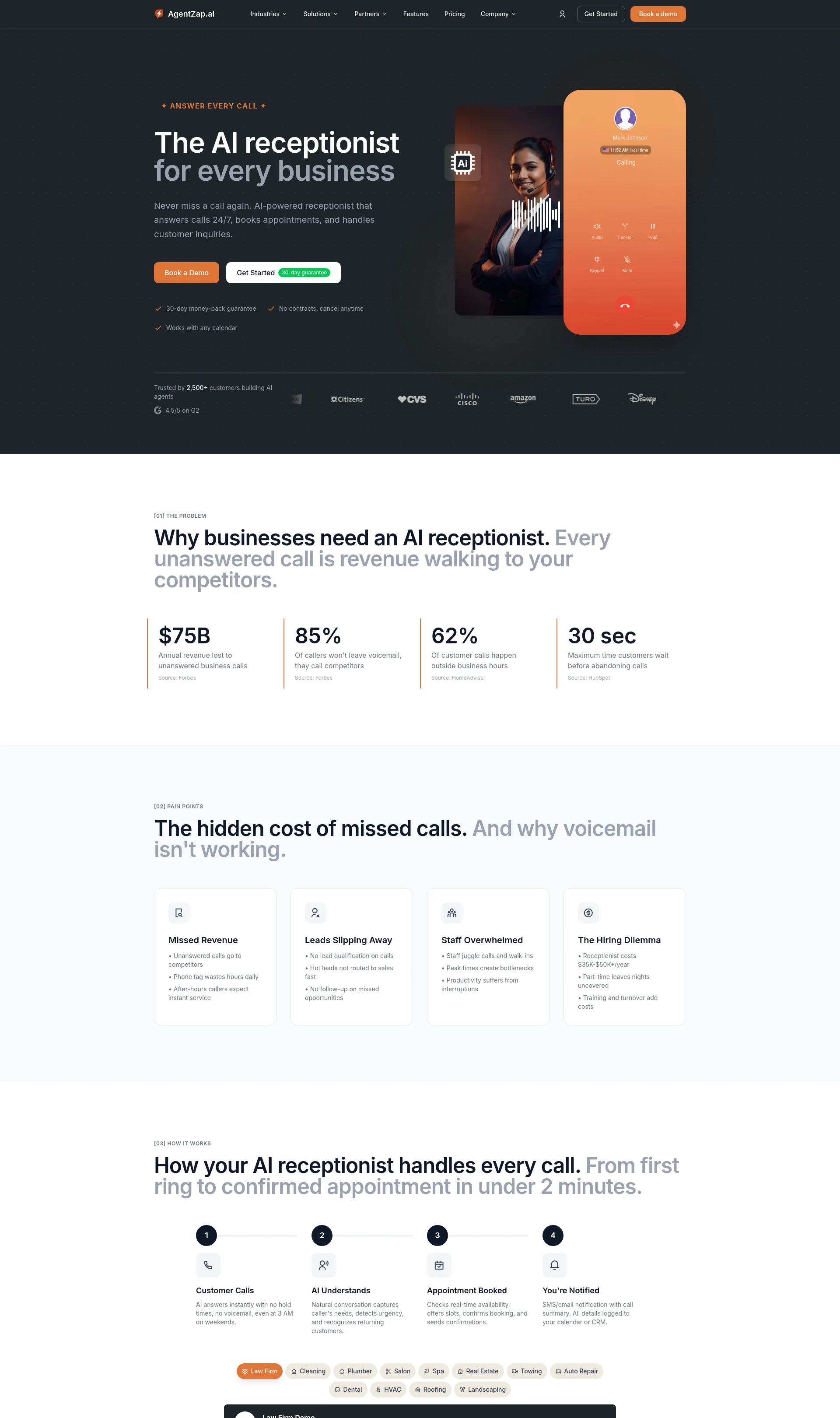 AI-powered receptionist that answers calls 24/7, books appointments, and handles customer inquiries for service businesses.