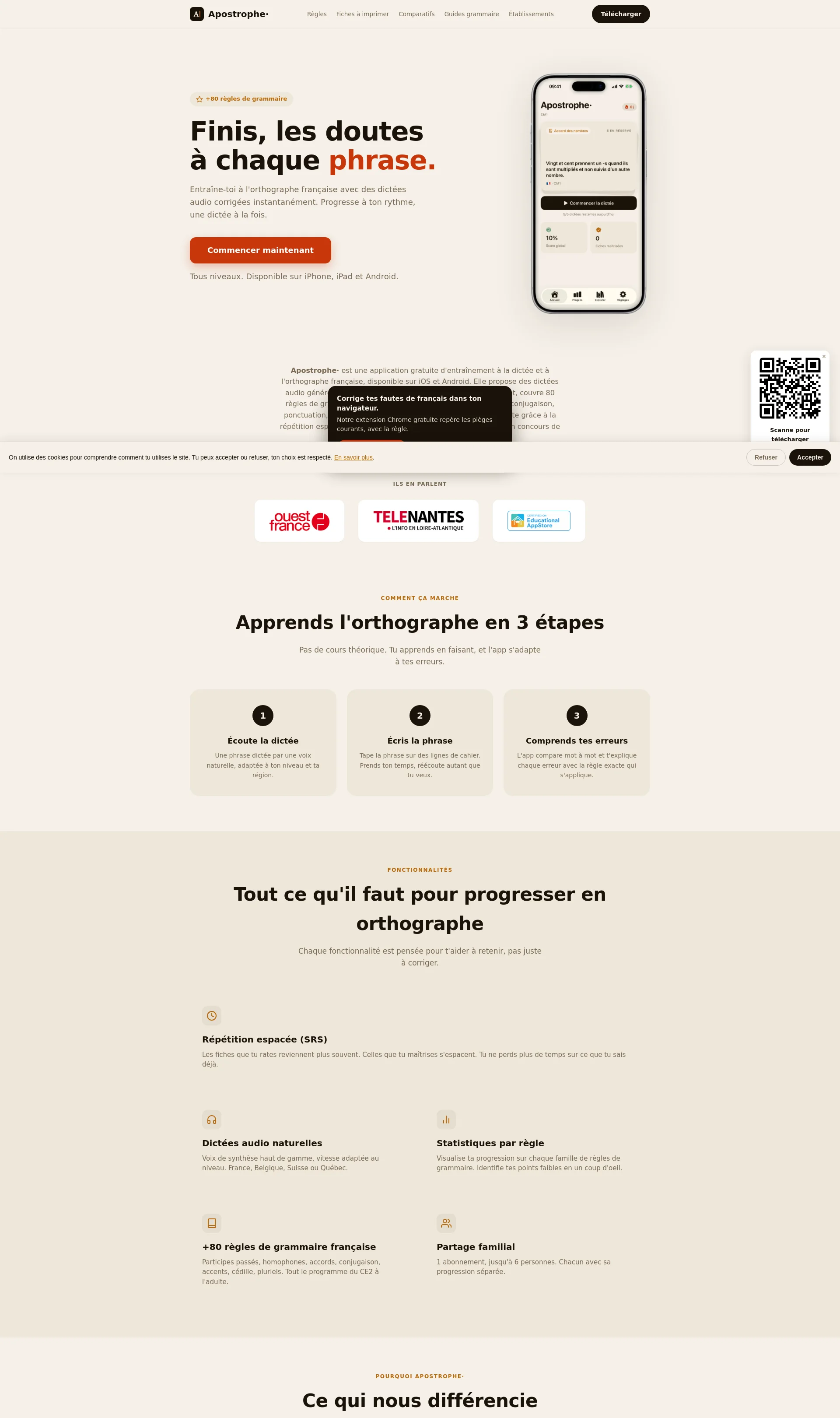 Improve your French spelling with Apostrophe·, a free dictation and spelling app for all levels, from CE2 to adult.