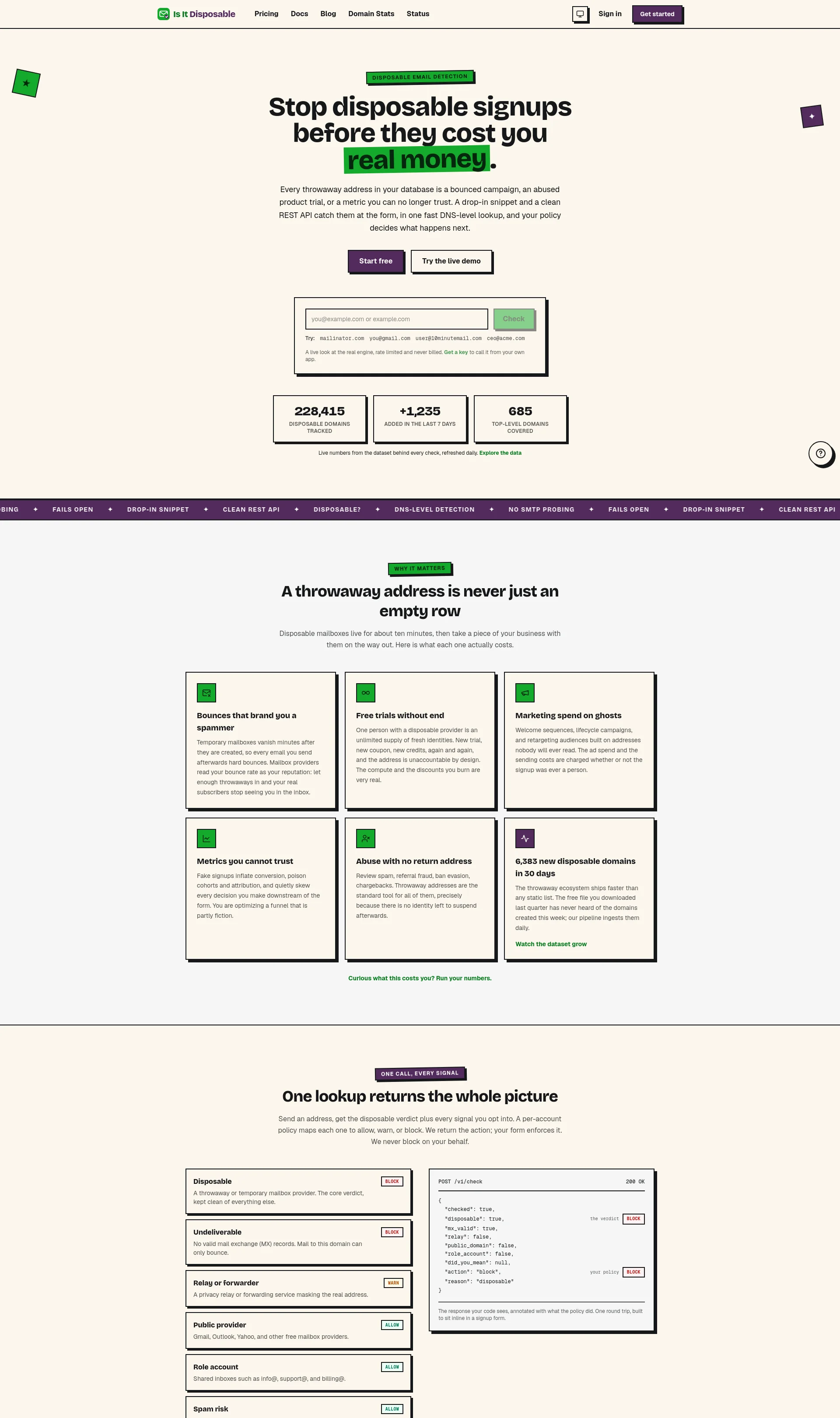 Stop disposable email signups with DNS-level detection and a clean REST API