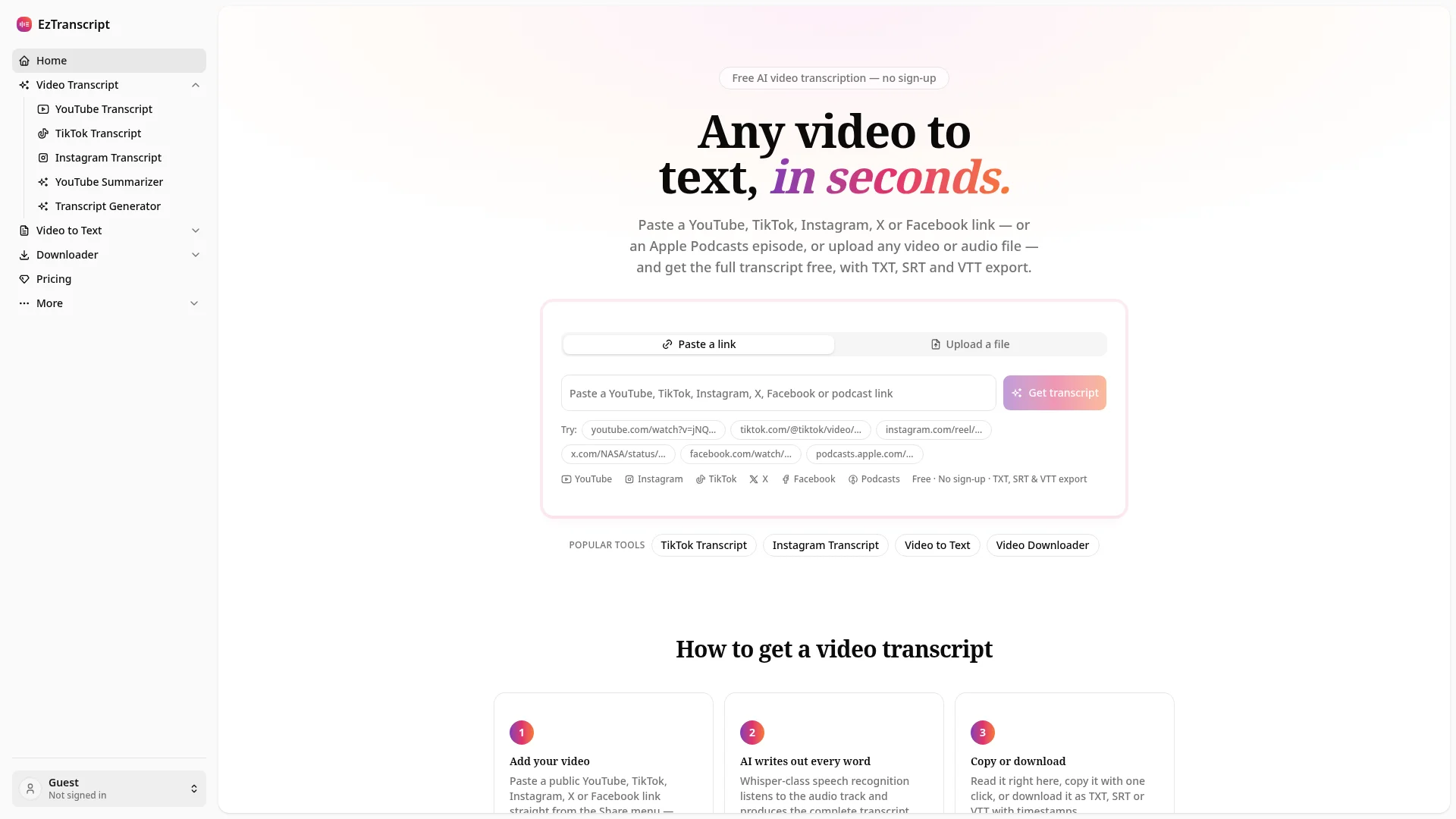 Free Video Transcript Generator — YouTube, TikTok & Instagram